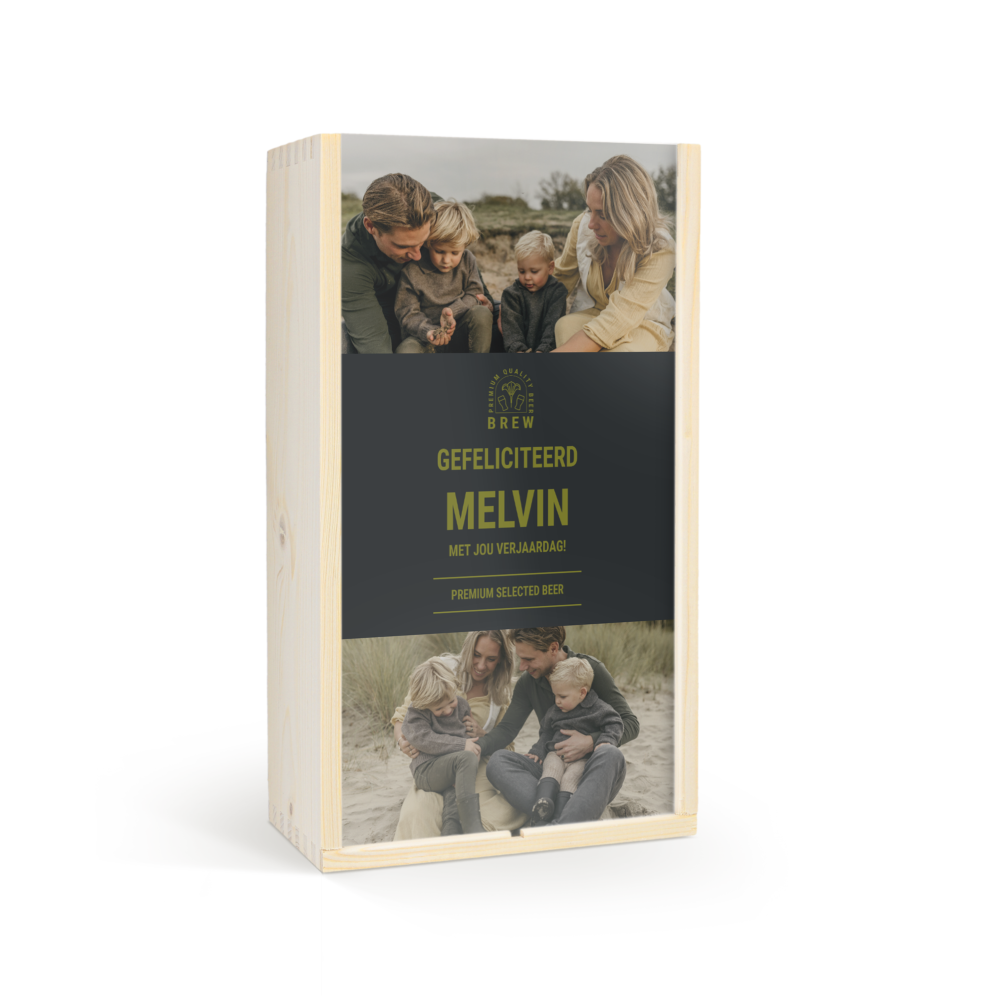 Luxe Westmalle bierpakket in bedrukte houten kist met foto van een gezin en de tekst Gefeliciteerd Melvin met jou verjaardag