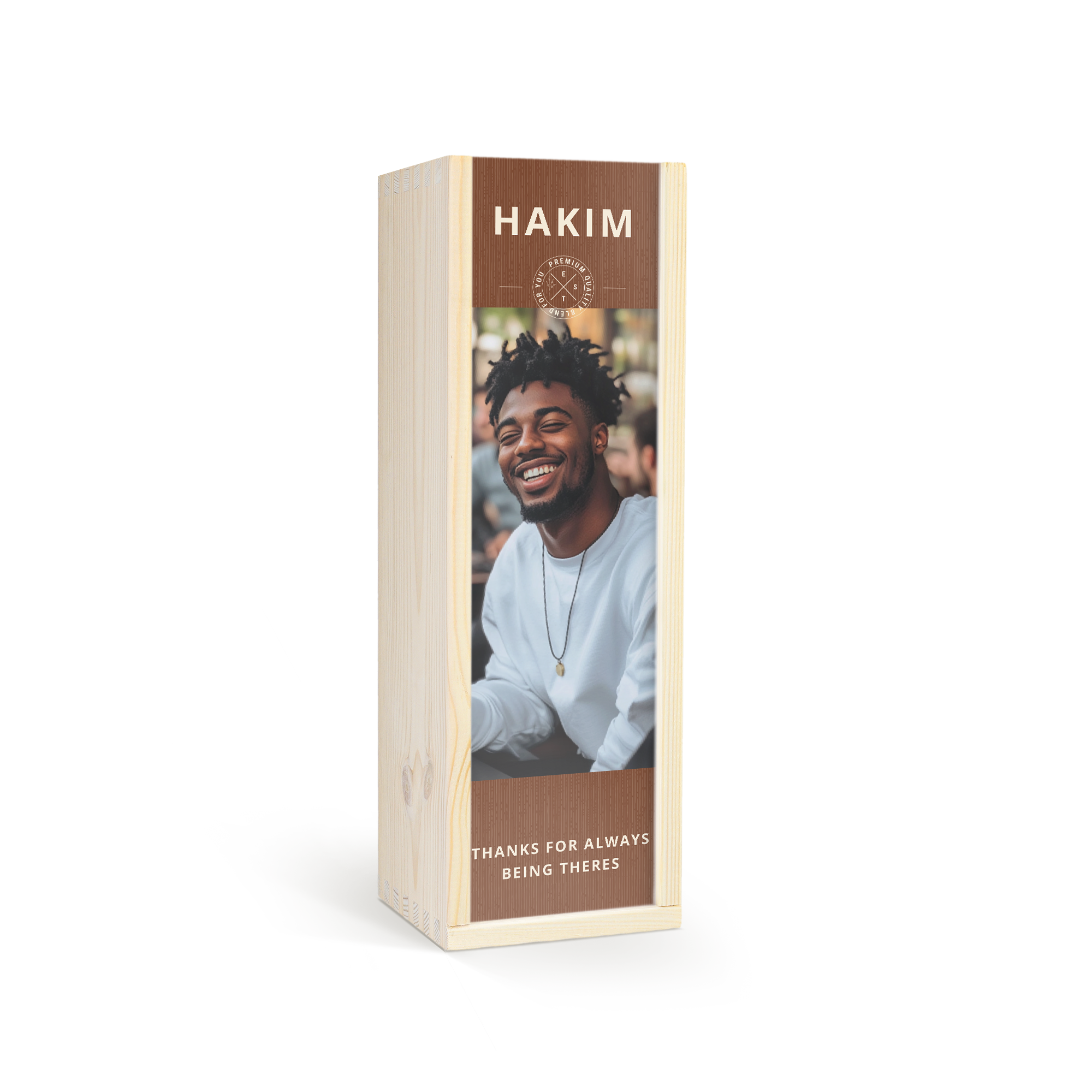 Estojo de madeira personalizado com nome HAKIM e foto impressos para garrafa de uísque Jack Daniel's Honey