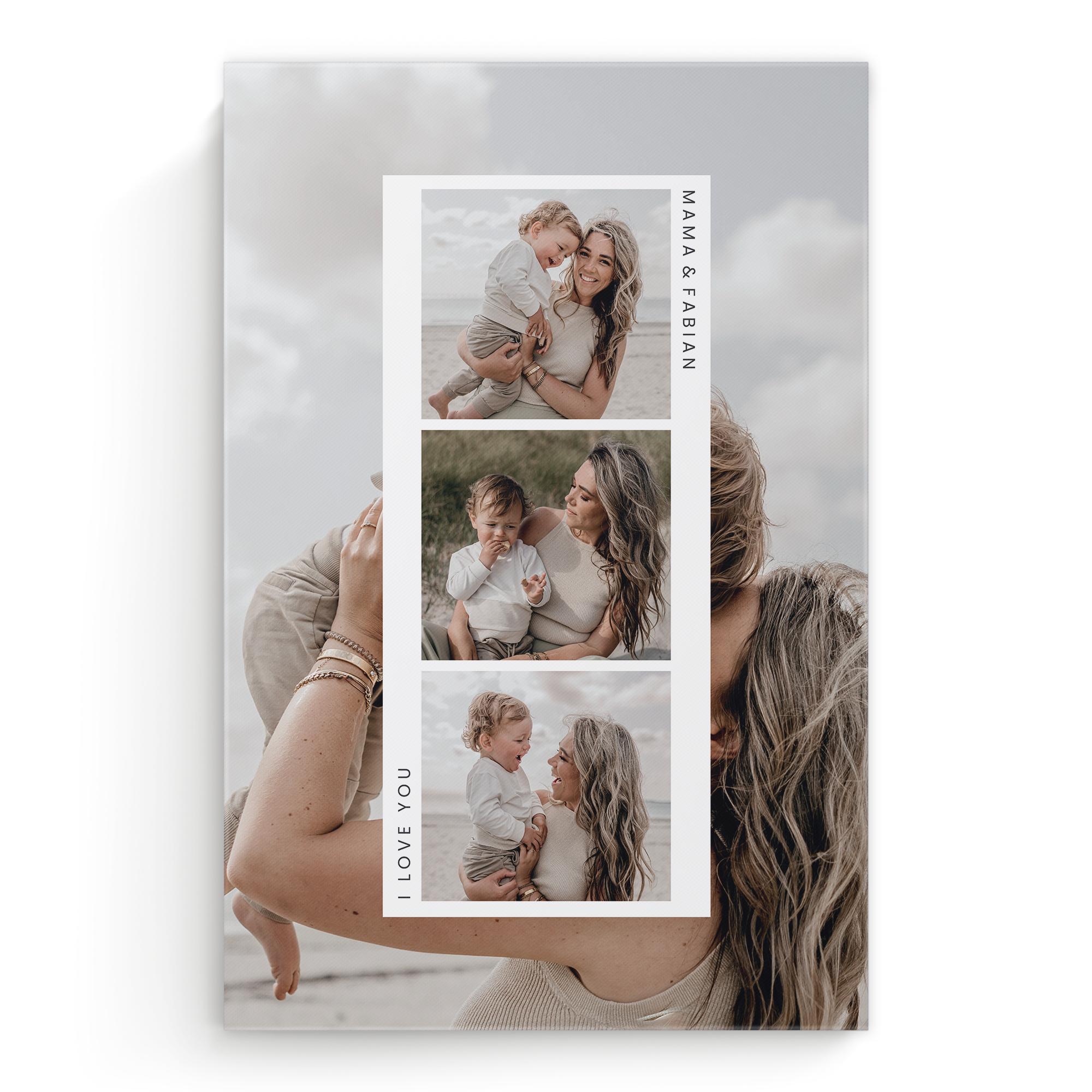 Personalisierter Leinwanddruck mit drei Fotos von Mama und Fabian und dem Text I LOVE YOU