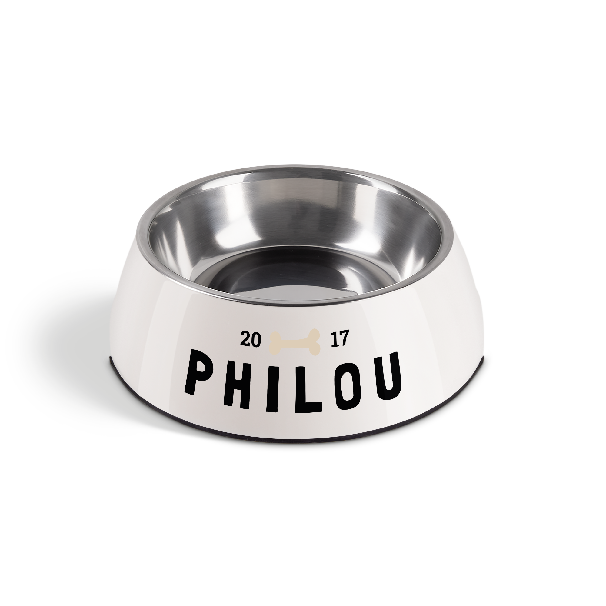Gamelle personnalisée pour chien - Blanc - 350 ml, en inox, imprimée du nom Philou et de la date 2017 avec un os.