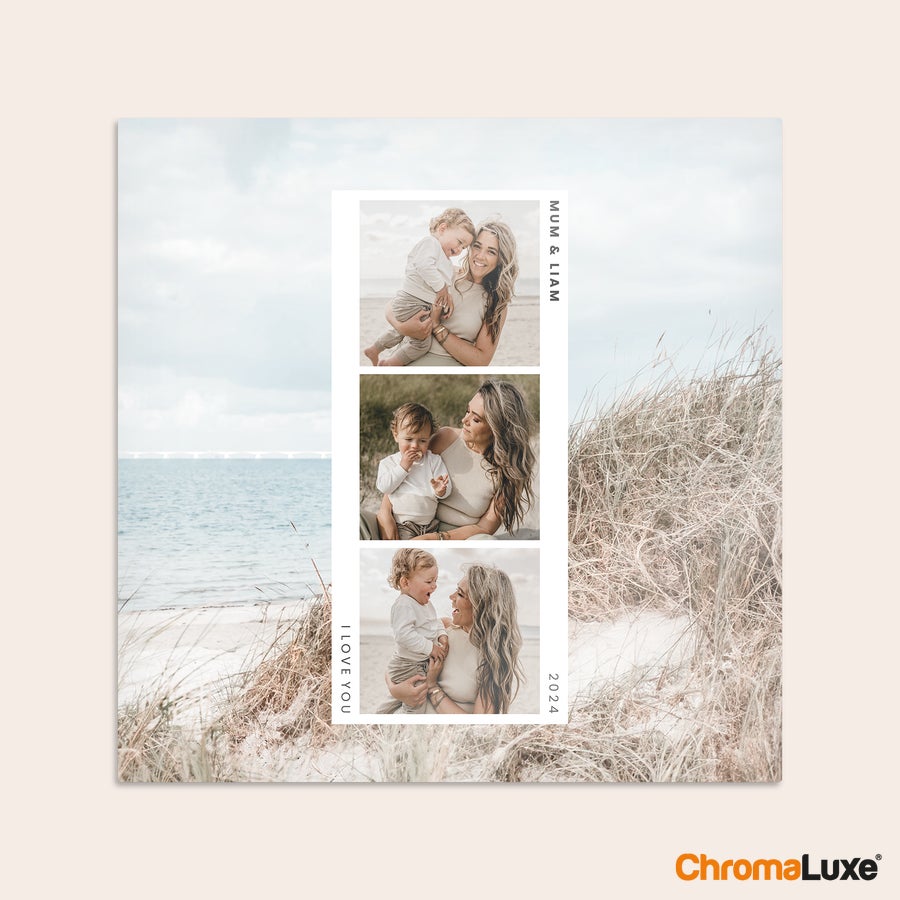 Hliníkový foto panel Chromaluxe foto panel s personalizovanými fotografiemi matky a syna, nápisem Mum & Liam, I love you a rokem 2024