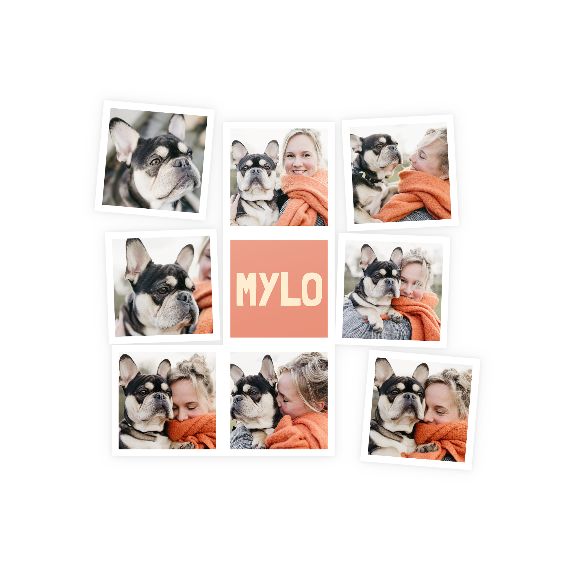 Aimants personnalisés avec collage de photos imprimées dun chien et dune femme et le mot MYLO