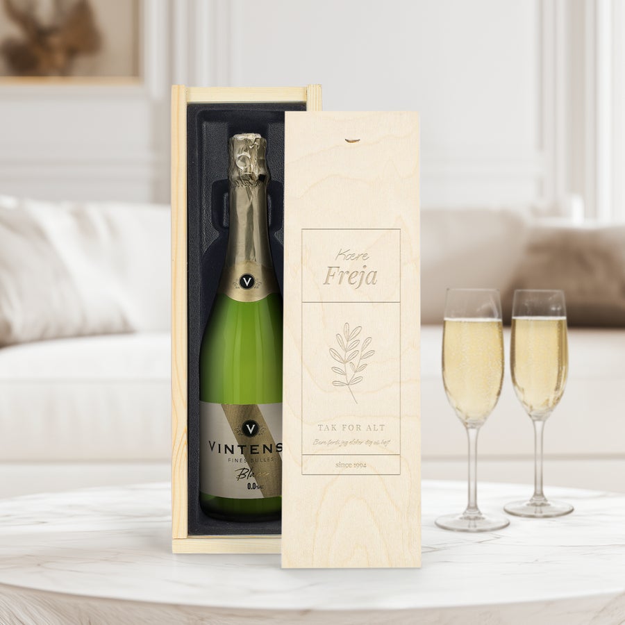 Vin i indgraveret kasse - Vintense Blanc alkoholfri