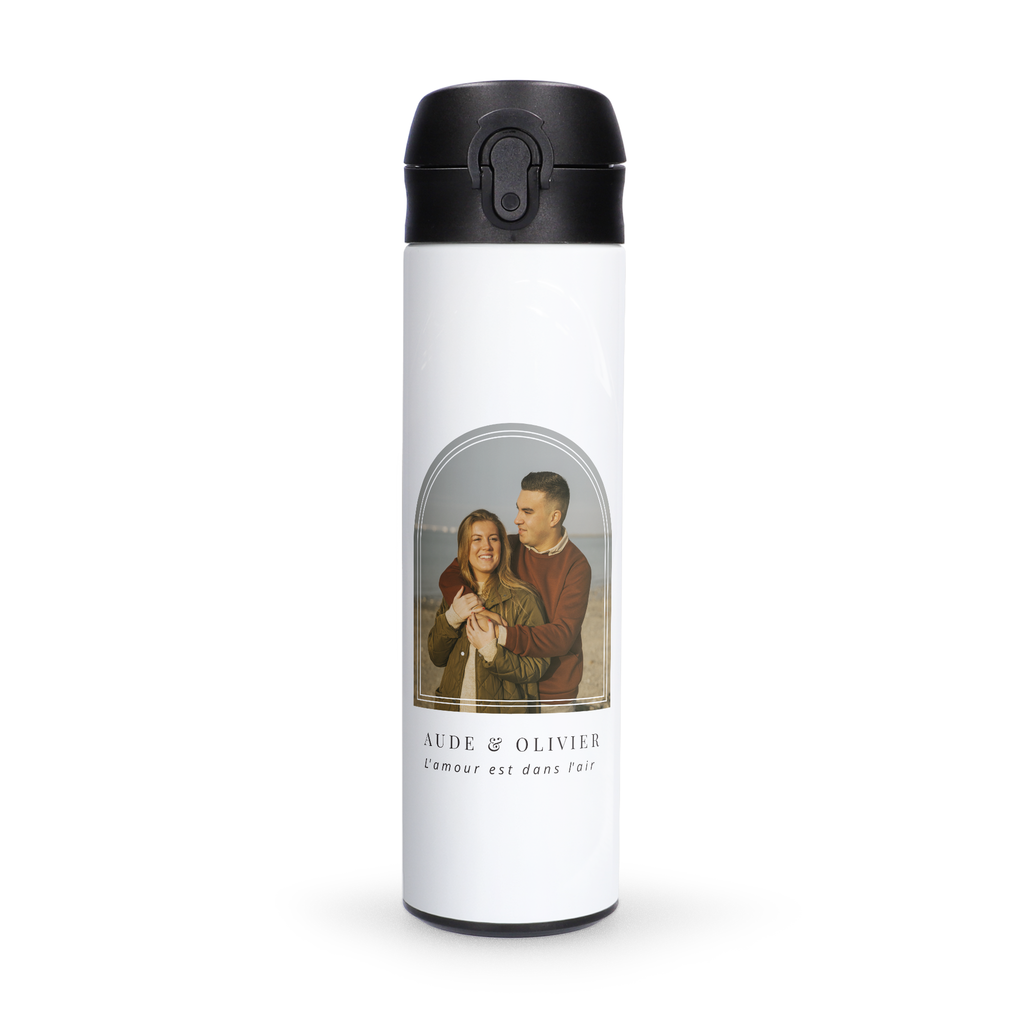 Gourde isotherme personnalisée en inox avec photo de Aude et Olivier imprimée
