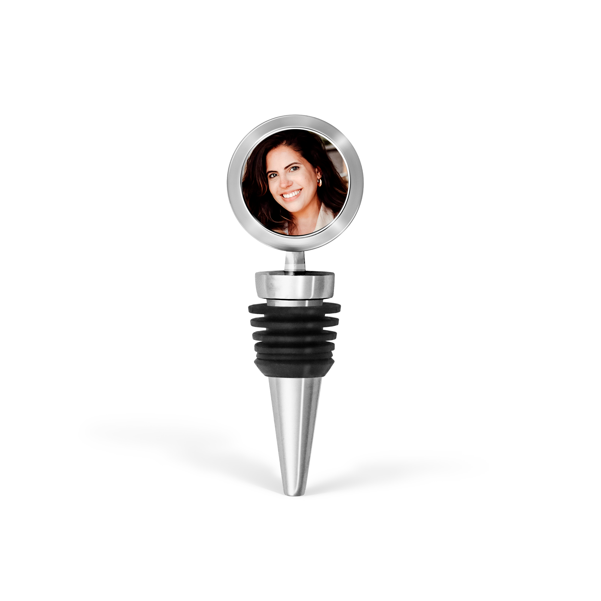 Silver personalized wine stopper with a photo of a smiling woman printed on top