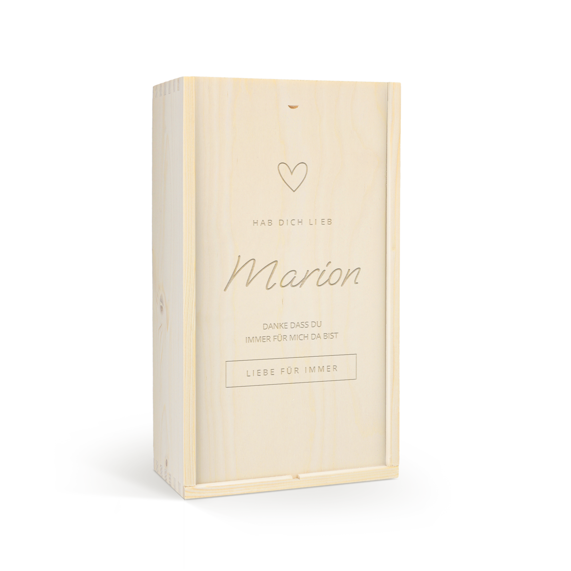 Personalisiertes Gin Tonic Set in Holzkiste, graviert mit Herz, "Marion" und "HAB DICH LIEB".