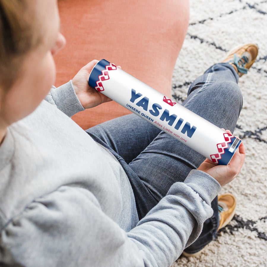 Riesen Rolle KING Pfefferminz personalisieren Personalisierte riesen KING Pfefferminz Rolle mit dem Namen Yasmin und Text aufgedruckt