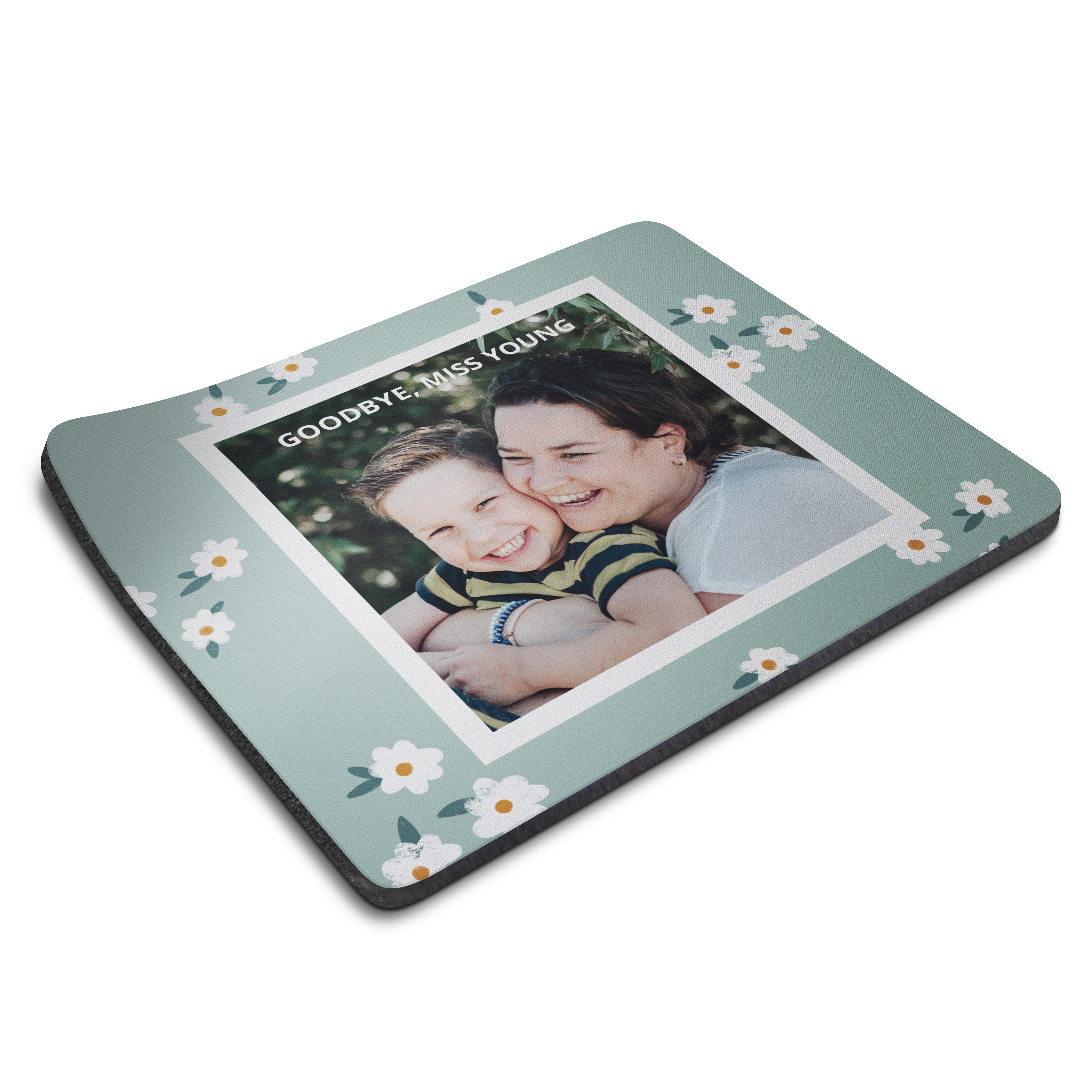 Alfombrilla para ratón personalizada con foto impresa de un niño y una mujer y texto "Goodbye, Miss Young" para tu profe.