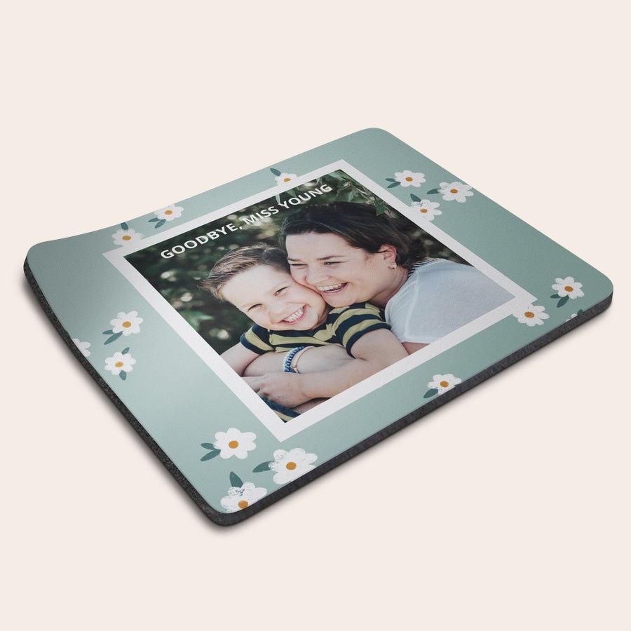 Alfombrilla de ratón para profesores Alfombrilla para ratón personalizada con foto impresa de un niño y una mujer y texto "Goodbye, Miss Young" para tu profe.