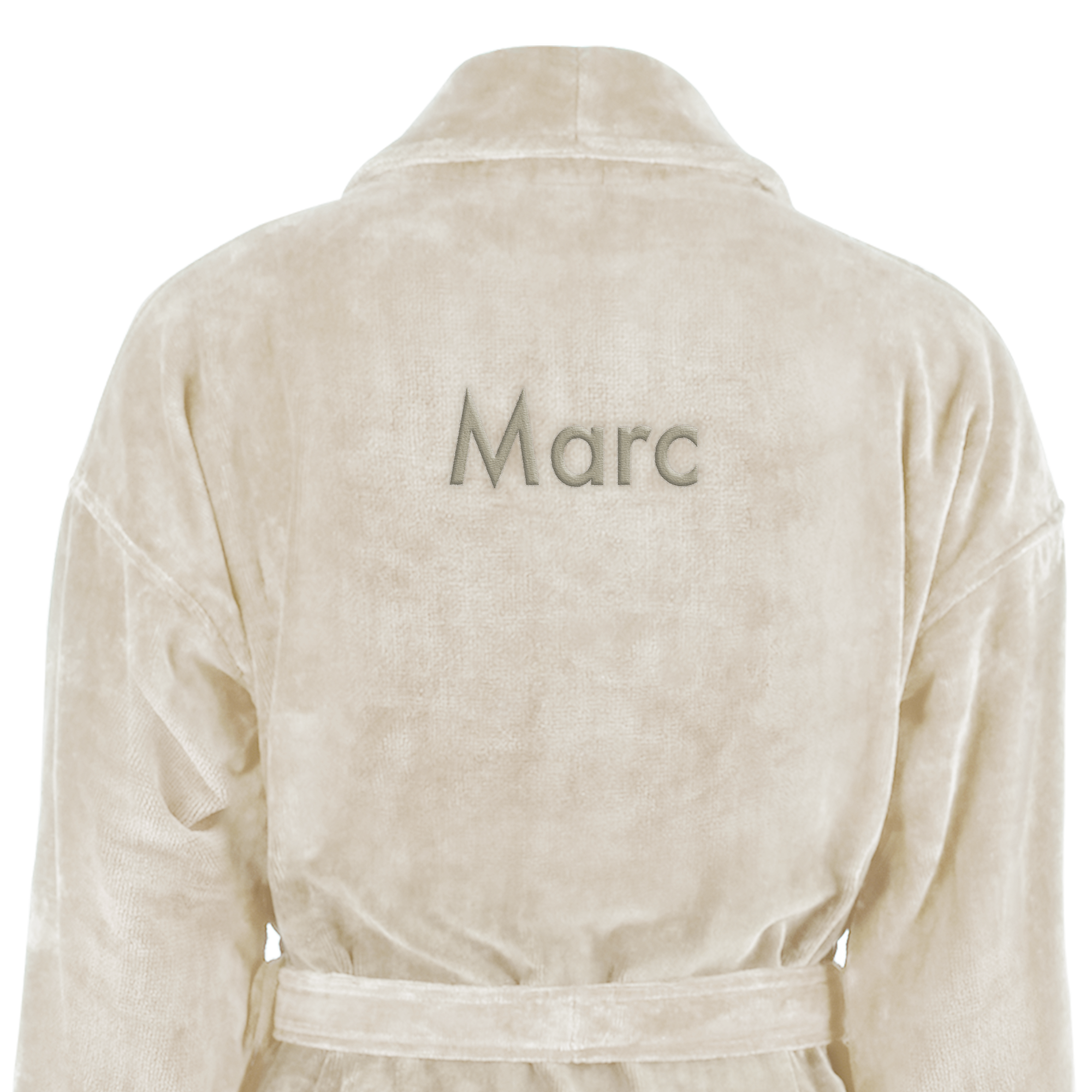 Beiger Frottee-Bademantel mit Schalkragen, bestickt mit dem Namen Marc. Ihr eigener Bademantel mit Namen bestickt!