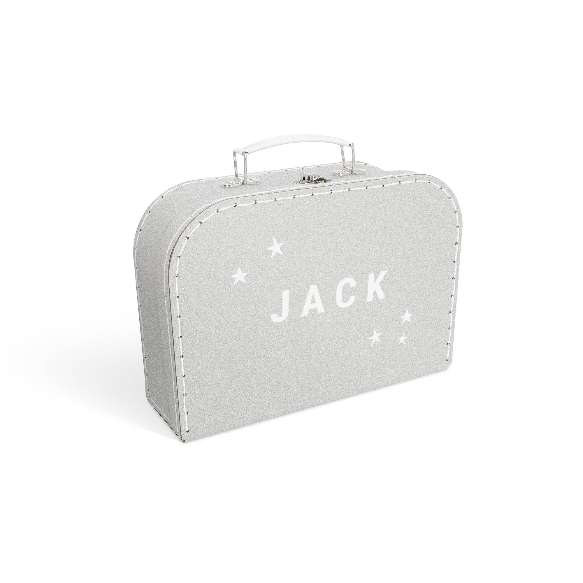 Mala de brinquedos cinzenta personalizada com o nome Jack e estrelas, um companheiro de viagem que é exclusivamente deles