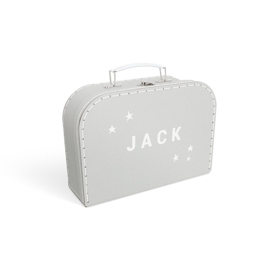 Maleta infantil personalizada Maleta de juguetes gris claro personalizada con el nombre Jack y estrellas blancas, un compañero de viaje exclusivamente suyo.