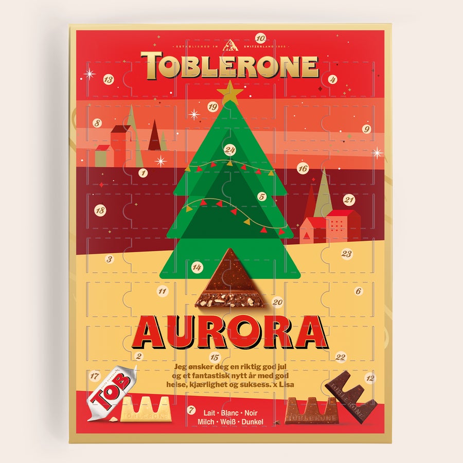 Adventskalender med bilde - Toblerone 2025 Personlig Toblerone adventskalender trykt med en julehilsen, navn og bilde av en sjokolade.