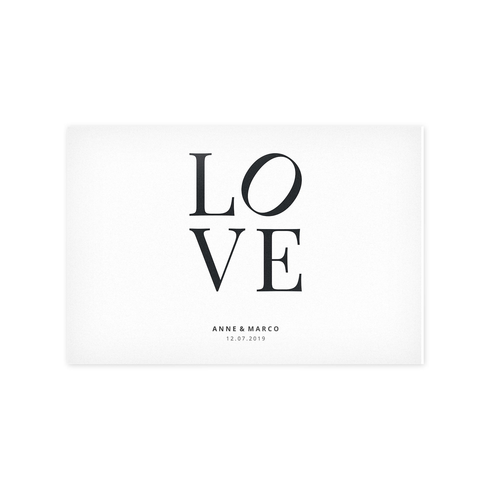 Forex Platte mit dem Wort LOVE bedruckt, personalisiert mit den Namen ANNE & MARCO und dem Datum 12.07.2019