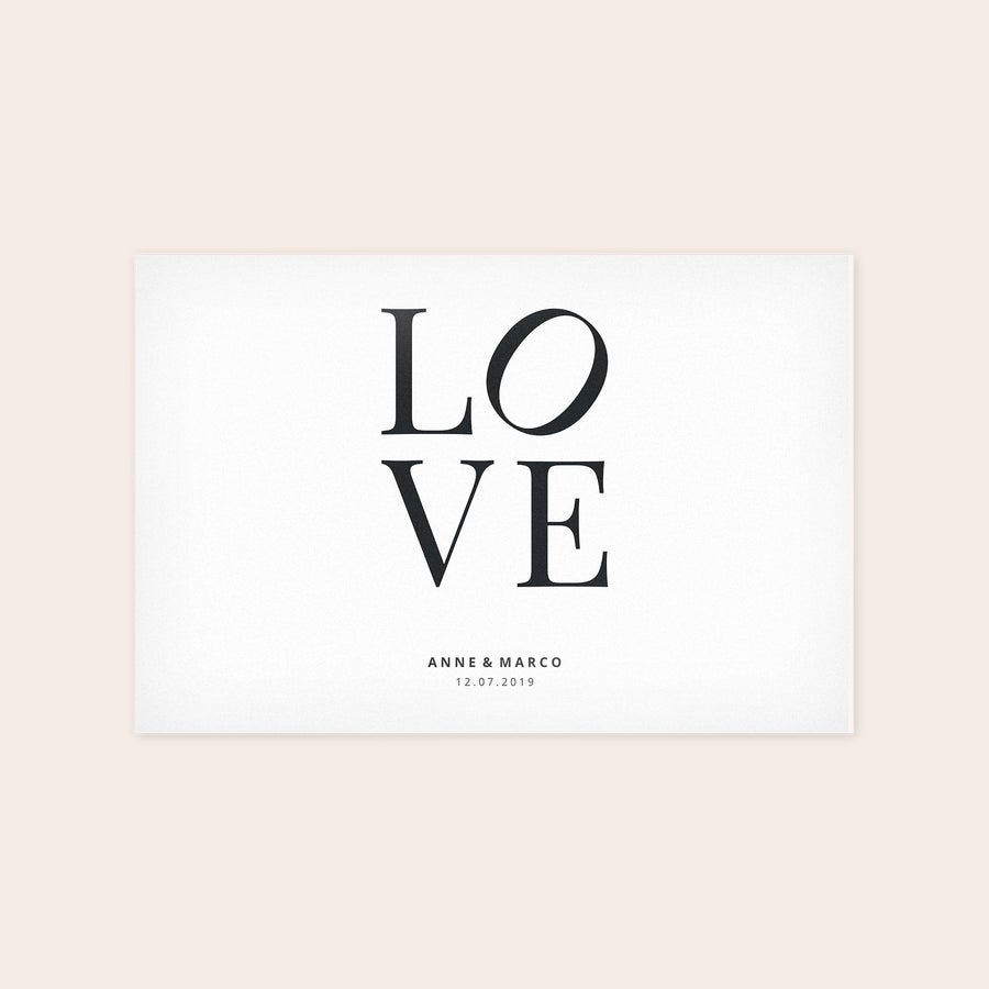 Foto auf Forex Forex Platte mit dem Wort LOVE bedruckt, personalisiert mit den Namen ANNE & MARCO und dem Datum 12.07.2019