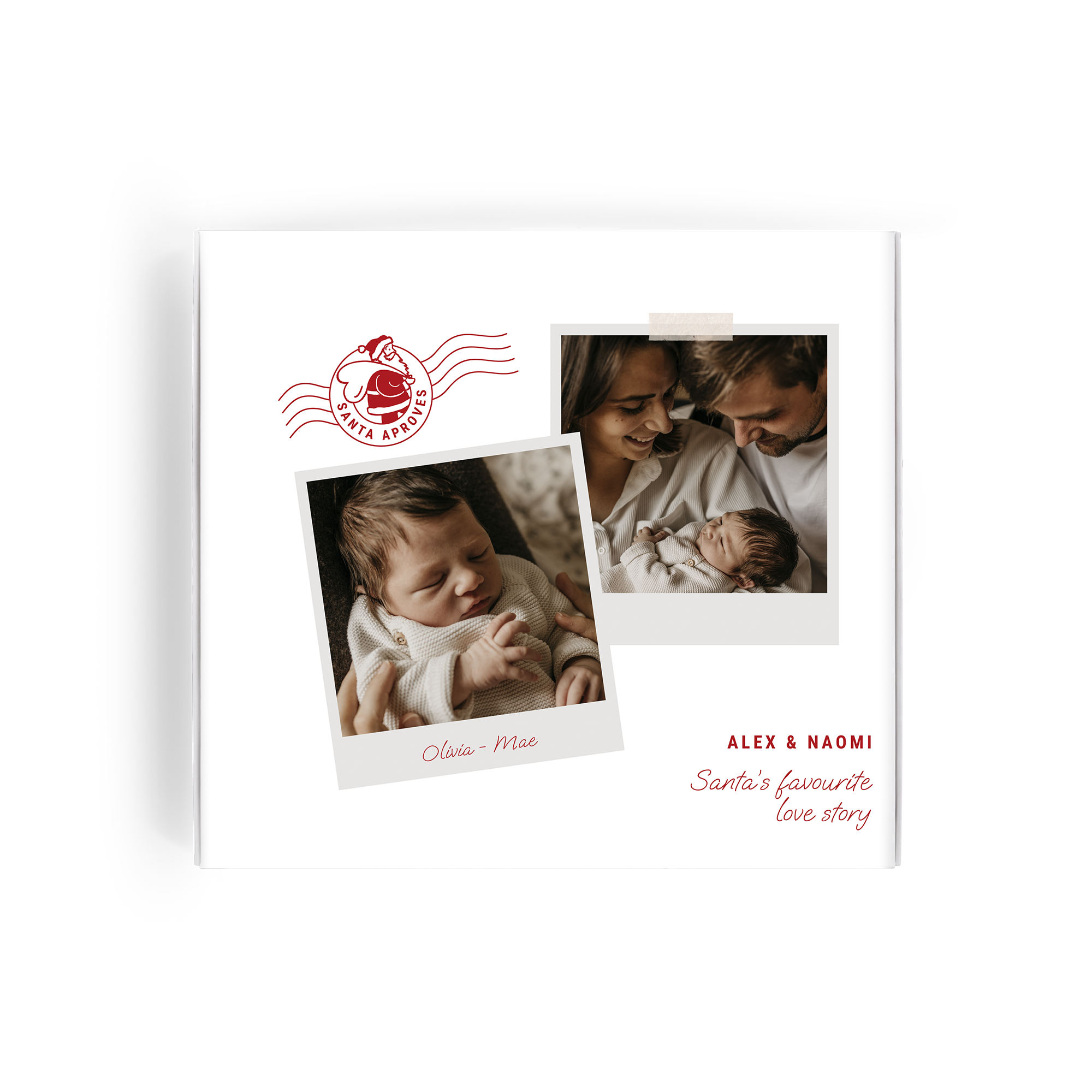 Cutie cadou personalizată Milka de Crăciun, imprimată cu fotografii și textul Olivia - Mae și Alex & Naomi