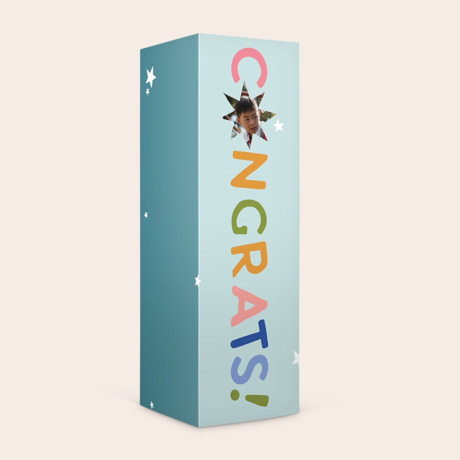 Personalised sweets gift box Personalised sweets gift box with CONGRATS text and a photo cutout of a child's face