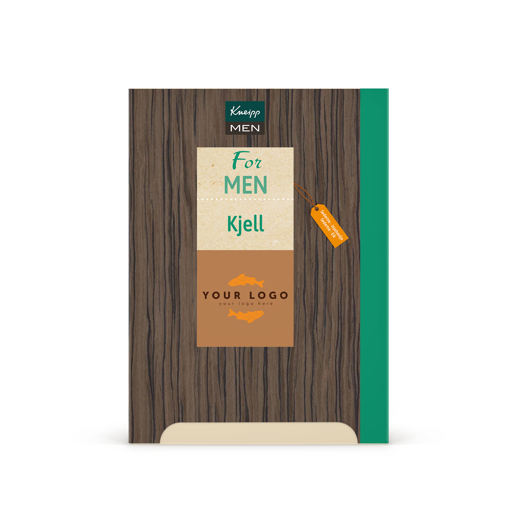 Personlig Kneipp gavesett for menn - Kneipp design, med tilpasset navn som "Kjell" og "DITT LOGO" trykt på en tre-lignende bakgrunn.