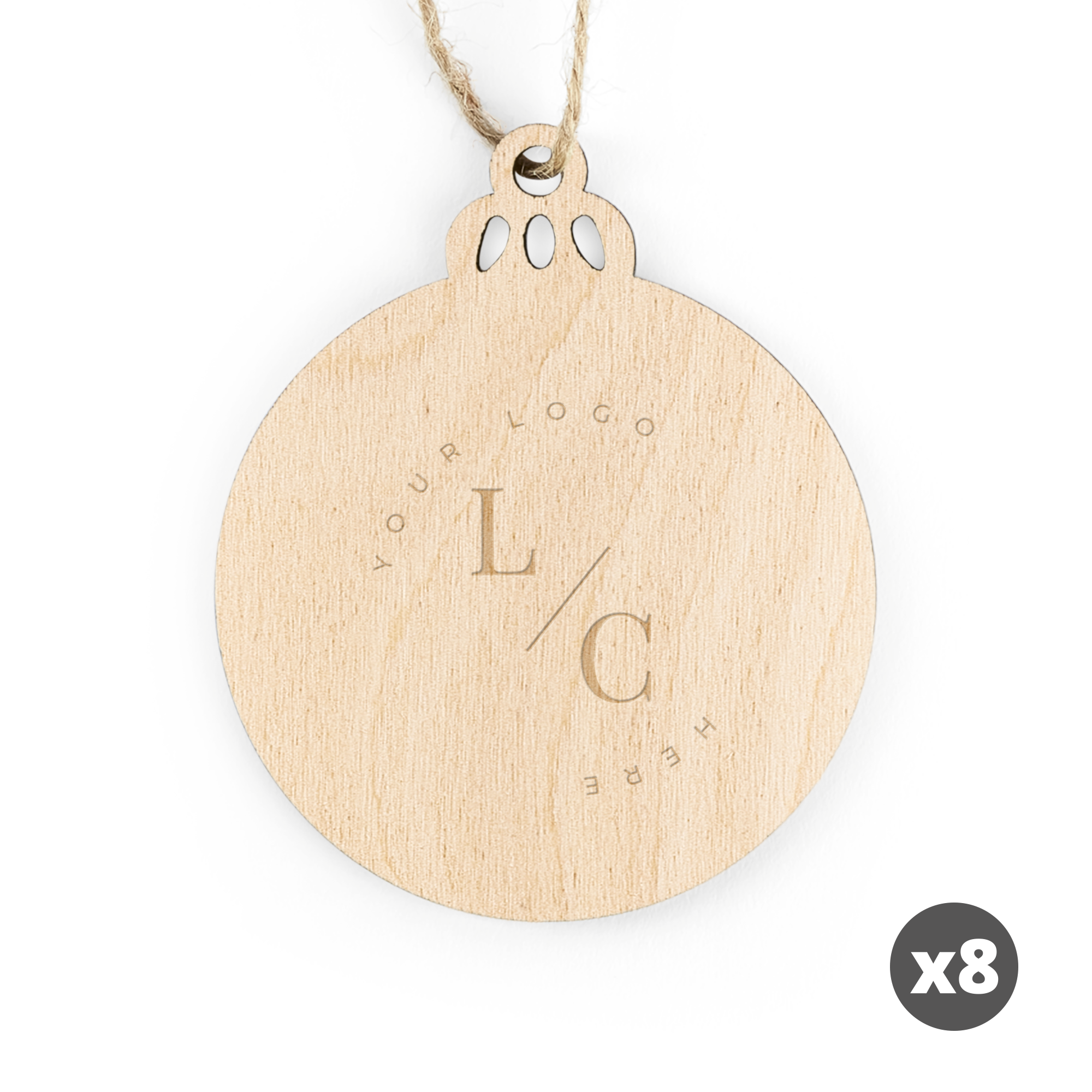 Bola de Navidad de madera grabada, con espacio para personalizar nombre o logo, cuerda rústica y símbolo x8.