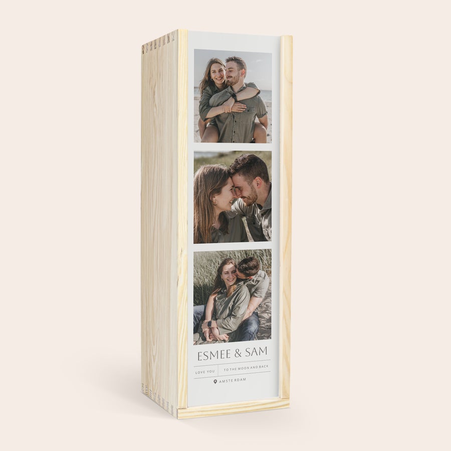 Hendrick's i en personlig låda Personlig trälåda med fototryck av ett par namn Esmee & Sam för att överraska någon