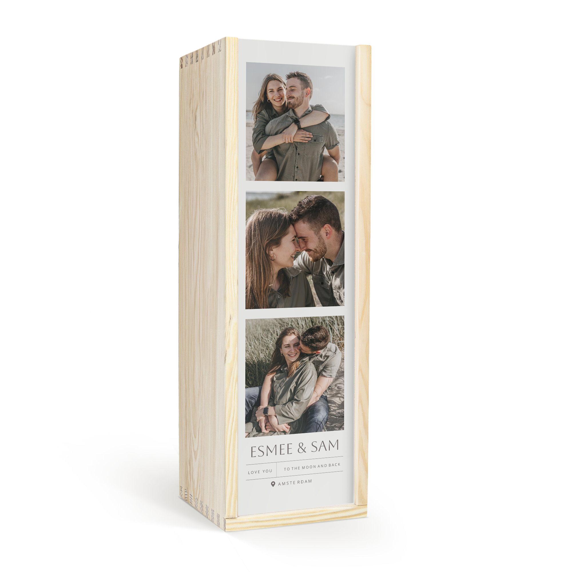 Caixa de madeira personalizada com três fotos de casal, nomes Esmee & Sam impressos