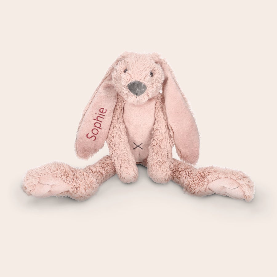 Dou Dou - Happy Horse Conejo Richie de peluche rosa suave con el nombre Sophie bordado en la oreja izquierda para personalizar.