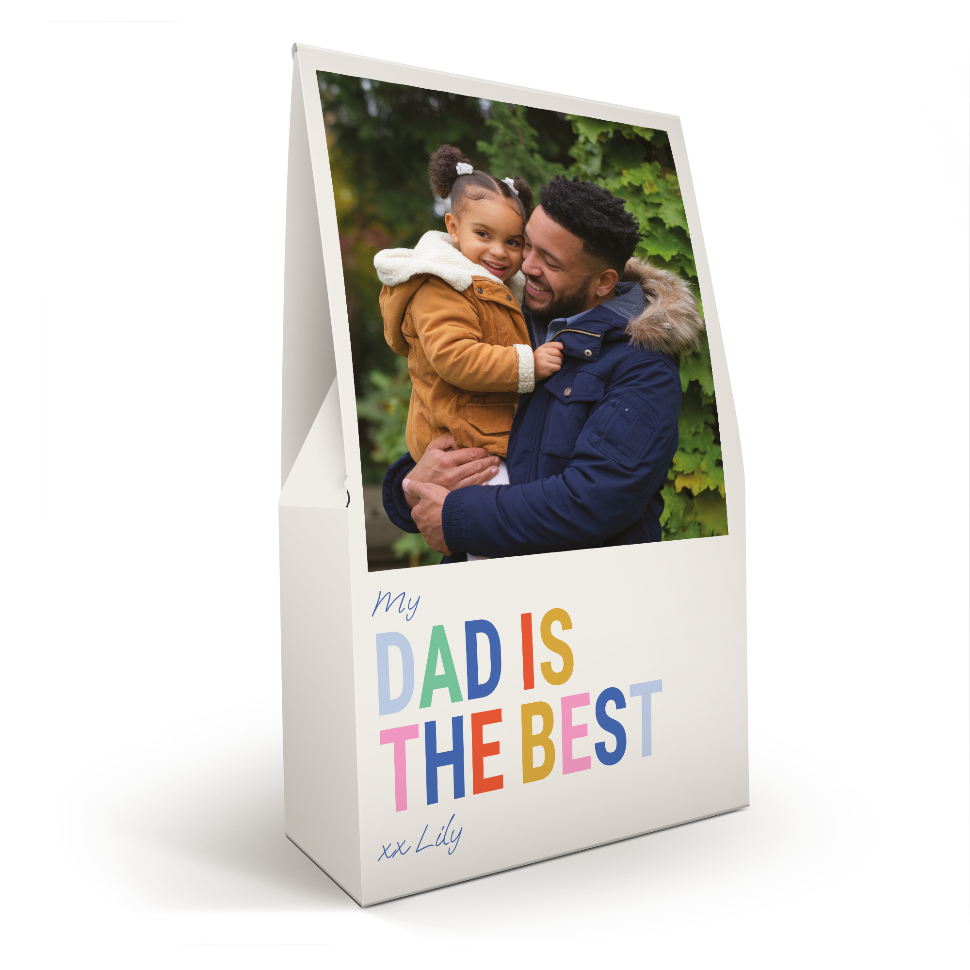 Yksilöllinen XL Haribo makeisten lahjapakkaus kuvalla ja tekstillä "My Dad is the best xx Lily", täysväripainatettu.