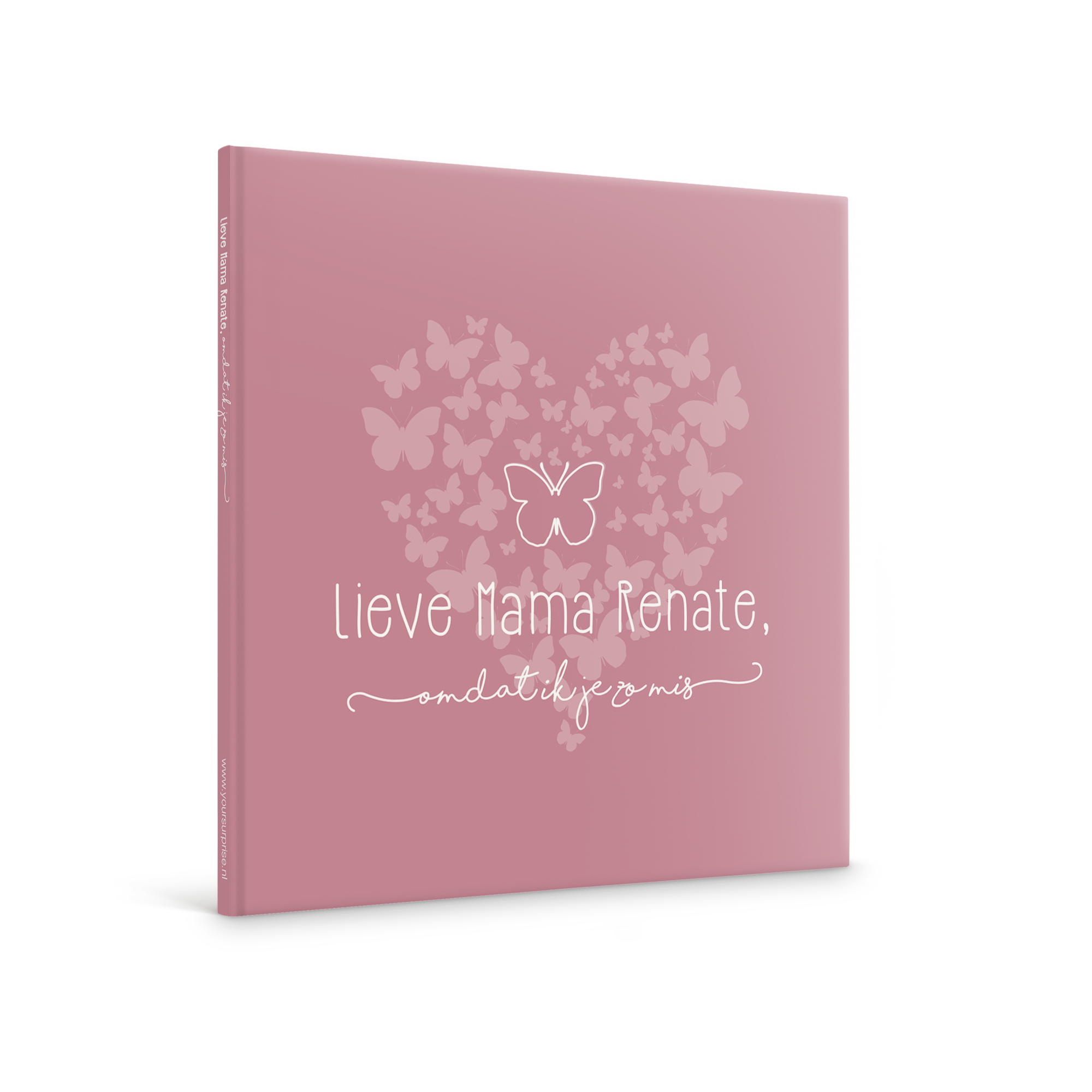 Gepersonaliseerd boek - Lieve Mama, omdat ik je zo mis - Hardcover, roze omslag met vlinders en geprinte naam Renate.