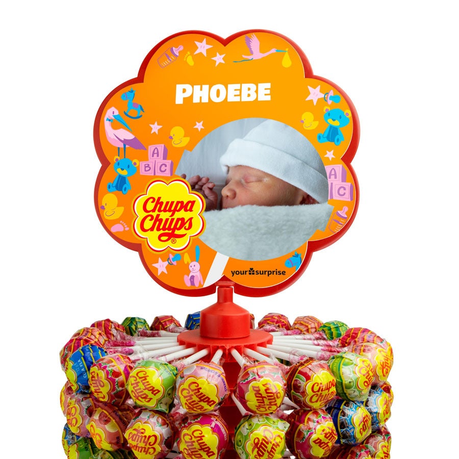 Személyre szabott Chupa Chups nyalóka állvány Phoebe névvel, baba fotóval nyomtatva