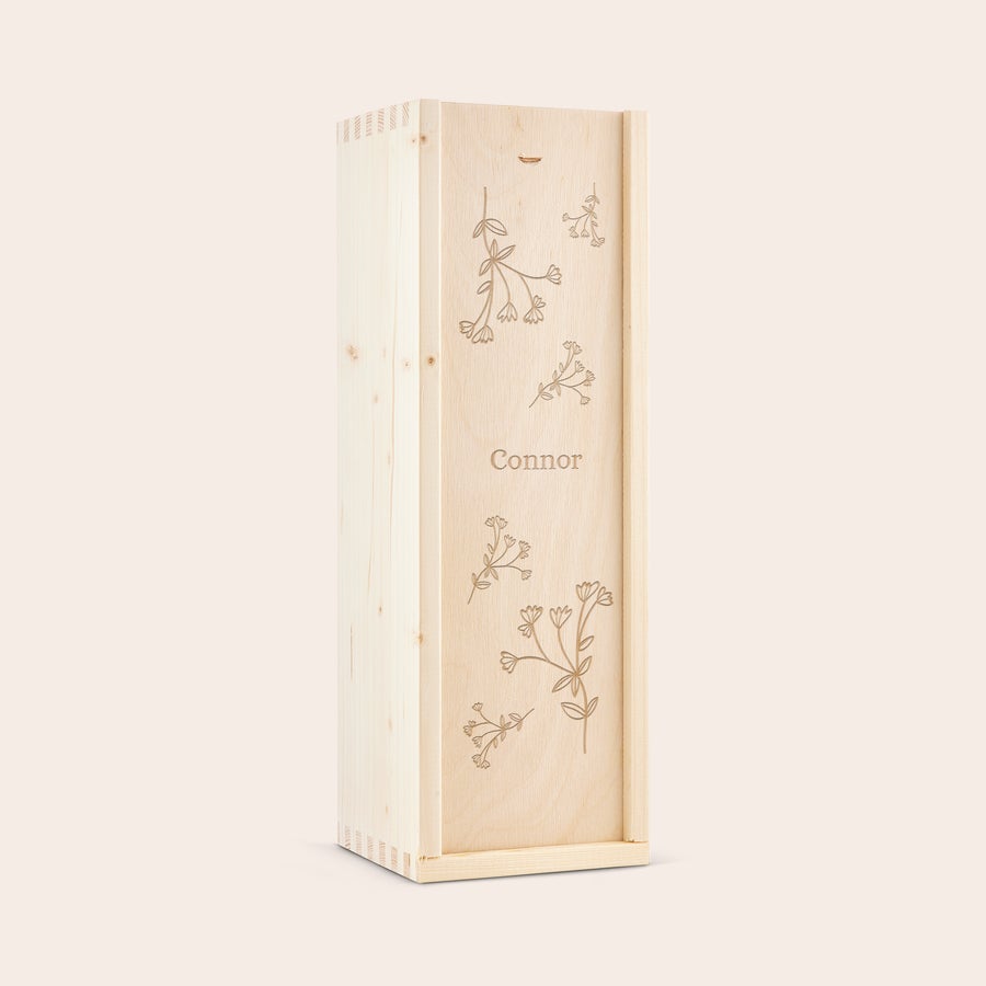 Personalised gin gift - Hayman's London Dry - Engraved wooden case Personalized engraved wooden case for Haymans London Dry gin with Connor and floral design
