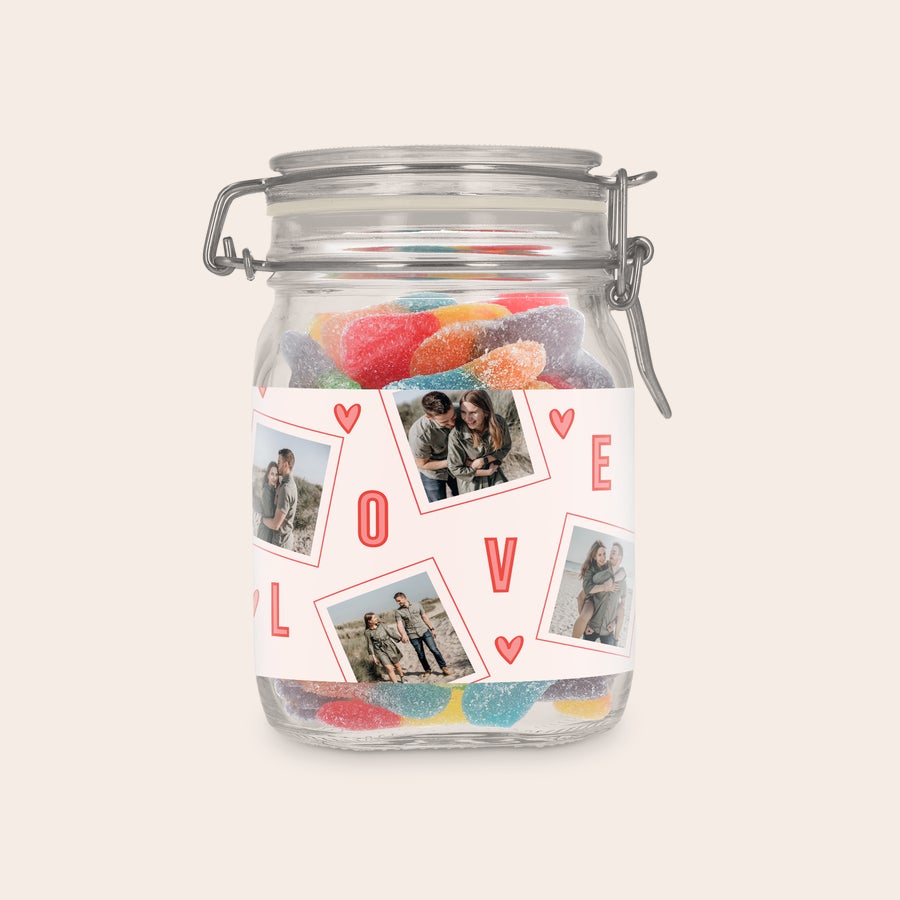 Barattolo di caramelle personalizzato Barattolo di dolciumi personalizzato con bastoncini aspri e foto stampate, con la scritta LOVE