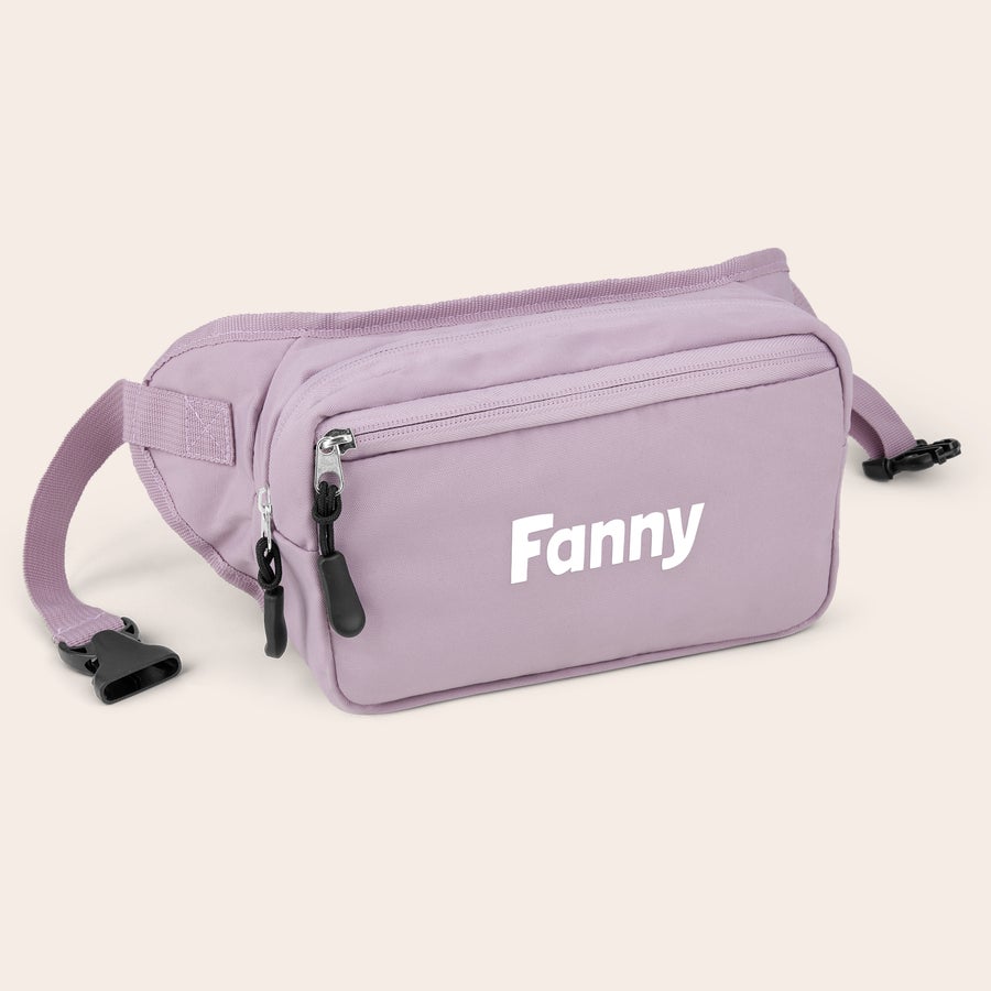 Personlig väska Lila personlig midjeväska tryckt med namnet "Fanny", för att ha nödvändiga saker till hands.