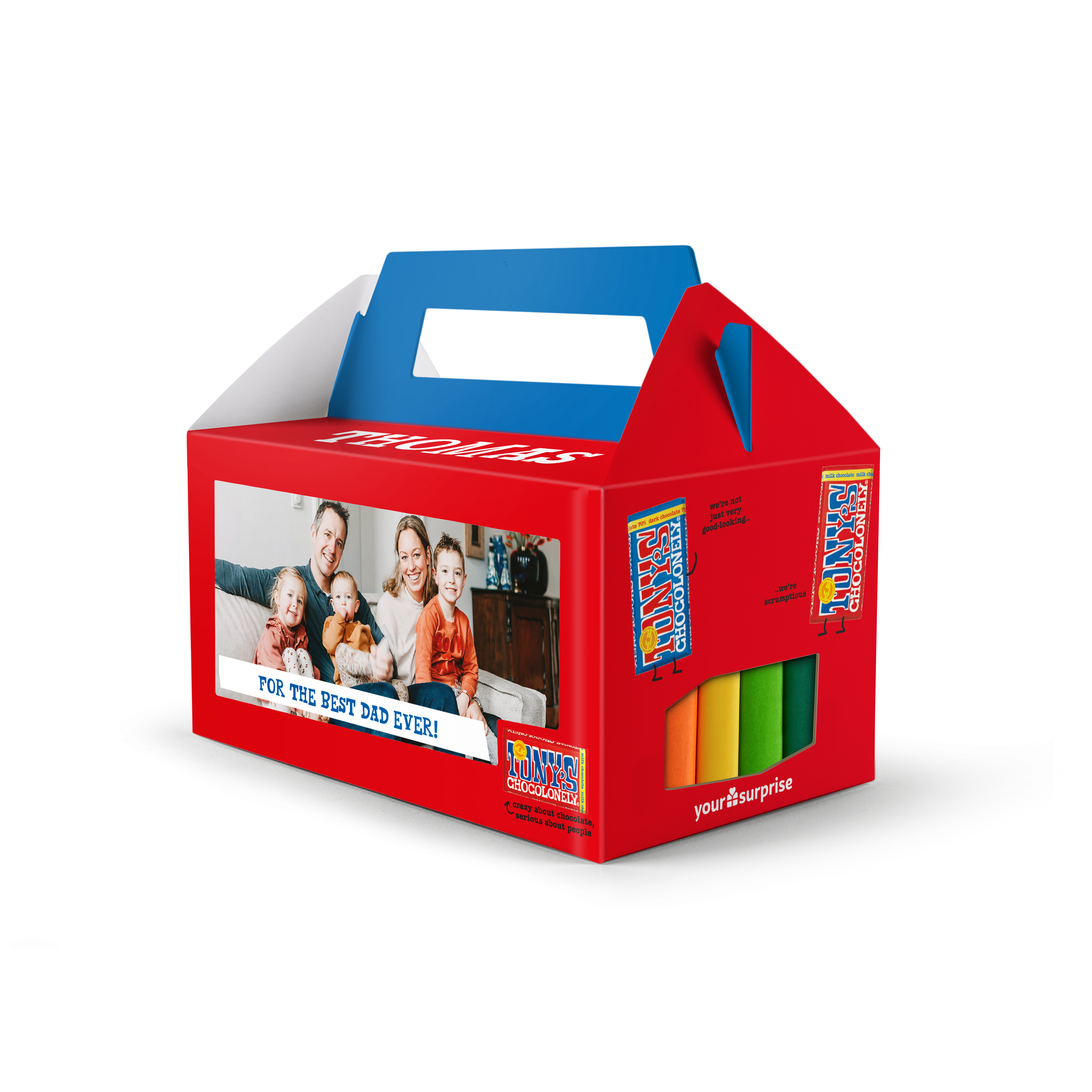 Personalized Tony's Chocolonely gift box printed with a family photo and message For the Best Dad Ever