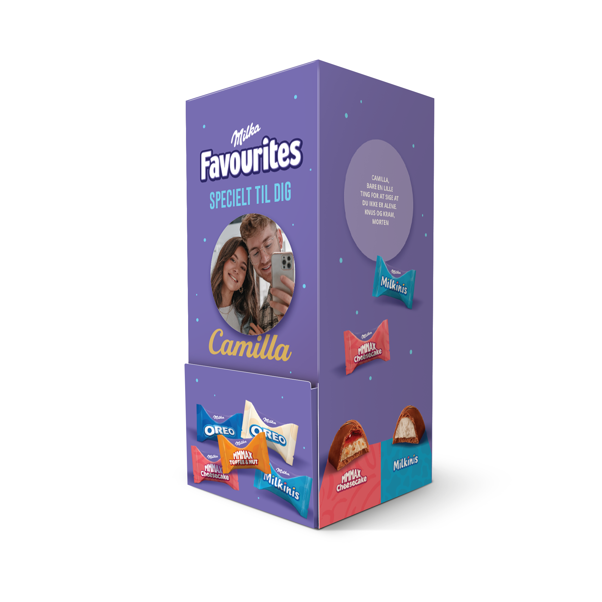 Milka Favourites chokolade dispenser med personligt printet foto og navn Camilla, samt en besked.