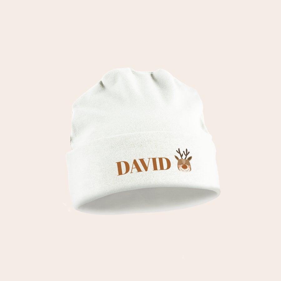 Cappellino per neonato personalizzato - Primo Natale - Bianco Cuffia per bimbo personalizzata bianca con il nome DAVID e disegno di renna marrone stampato, per un primo Natale speciale