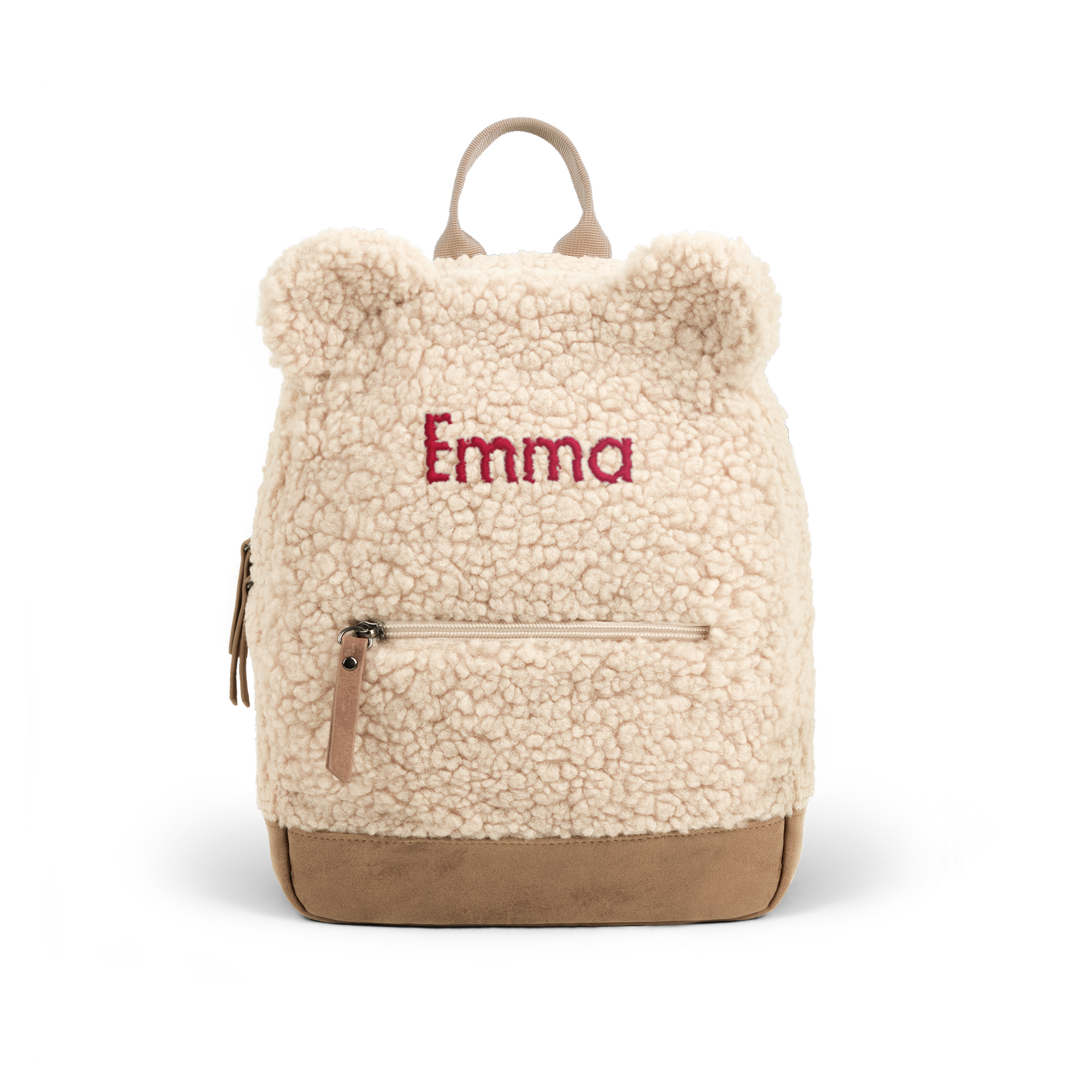 Zaino teddy personalizzato beige con nome Emma ricamato in rosso, tasca esterna con cerniera e base marrone