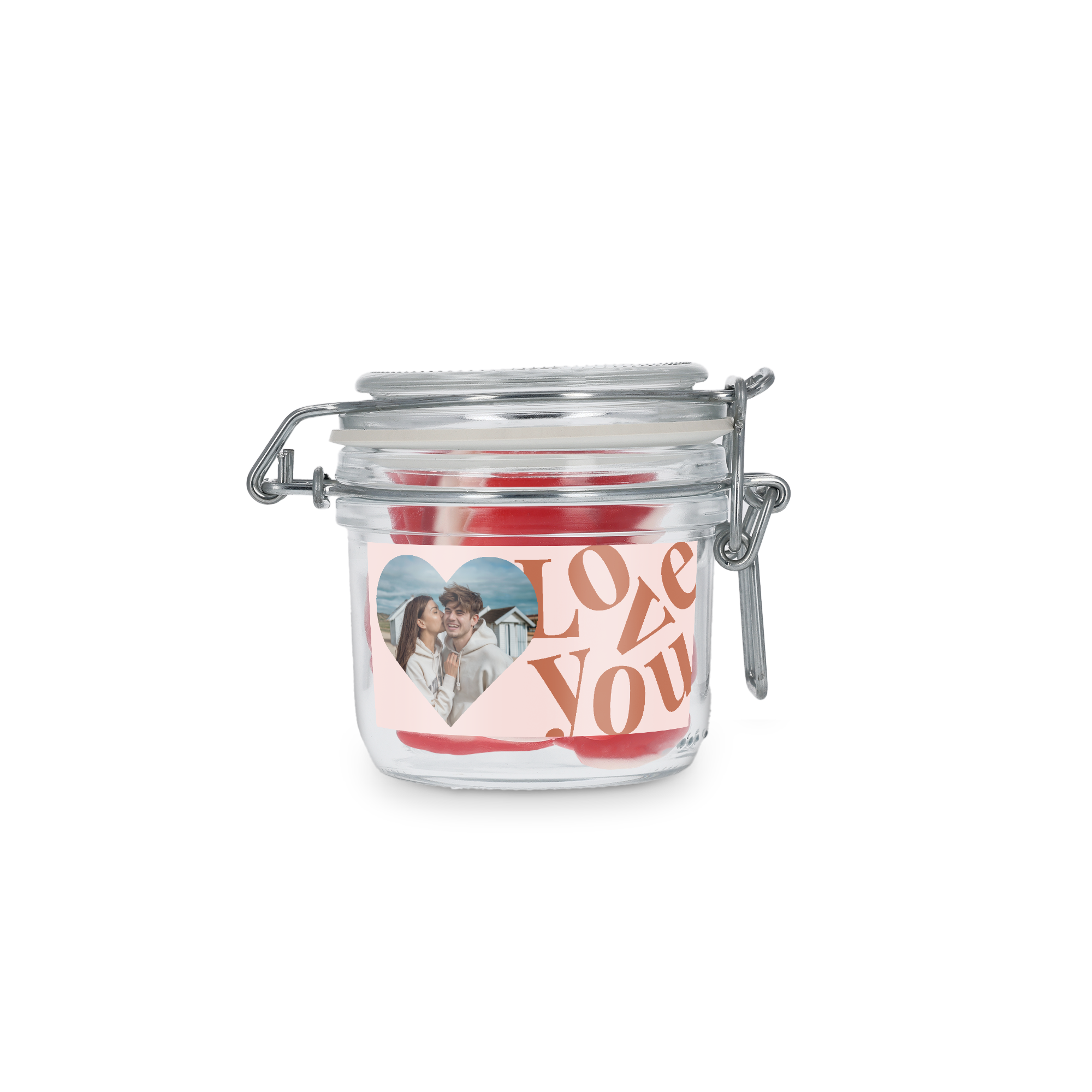 Személyre szabott édes tégely szív alakú cukorkával, fényképpel nyomtatva és "Love You" felirattal, egyedi finomság