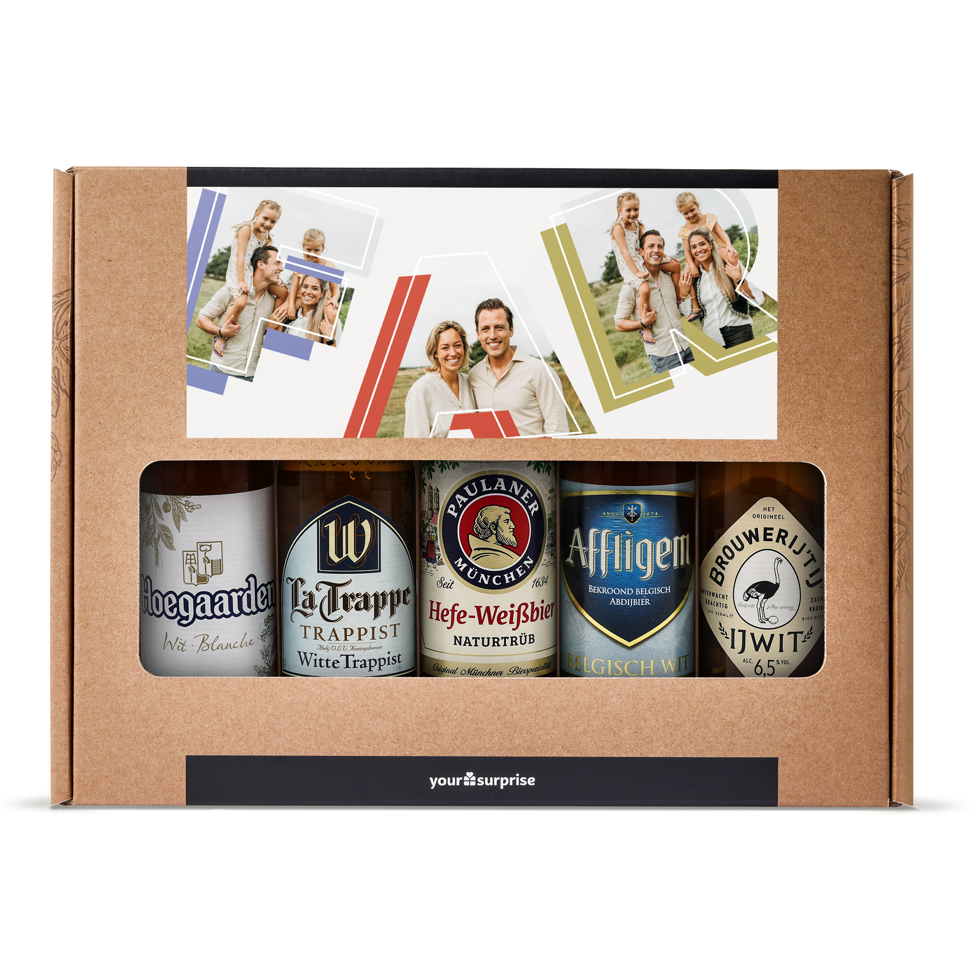 Et personligt øl-gavesæt til fars dag med fem flasker øl og et foto printet på gavesættets låg.