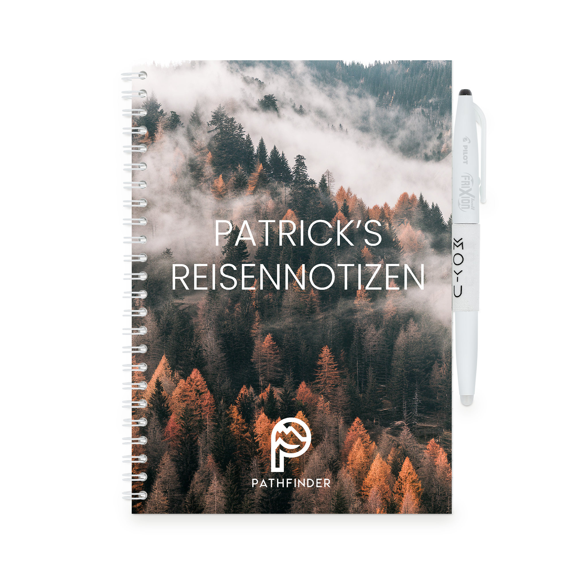 Personalisiertes löschbares MOYU-Notizbuch mit Waldfoto und dem Text "PATRICKS REISENNOTIZEN" gedruckt