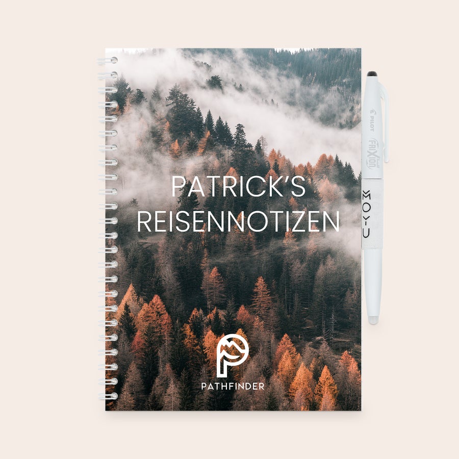 Personalisiertes löschbares MOYU-Notizbuch Personalisiertes löschbares MOYU-Notizbuch mit Waldfoto und dem Text "PATRICKS REISENNOTIZEN" gedruckt