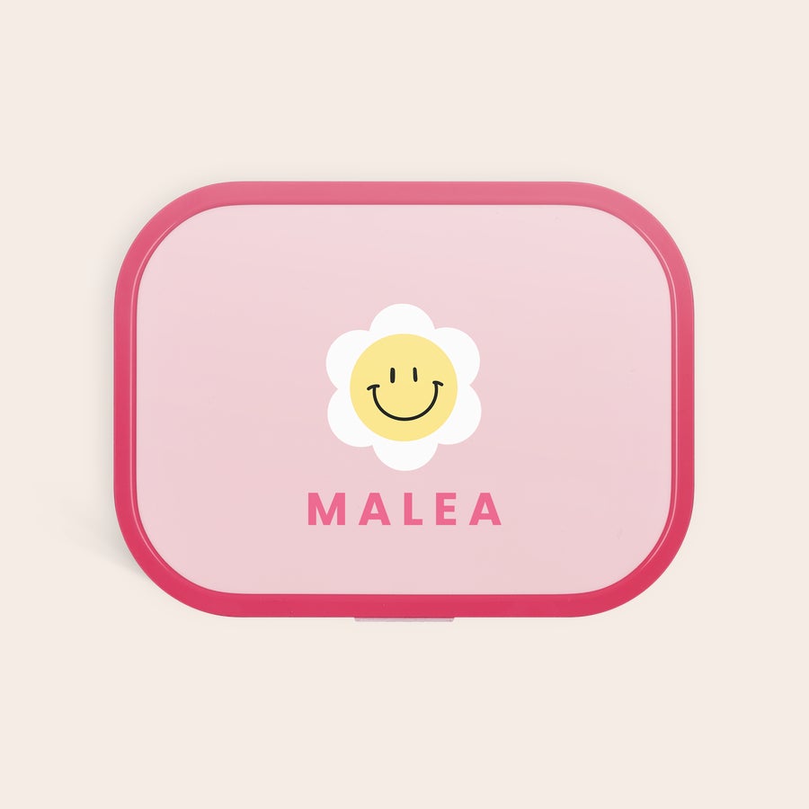 Mepal brotdose personalisiert Personalisierte pinke Mepal Brotdose mit "MALEA" und Smiley Blume, die mit ihrem Namen schmeckt's gleich noch besser
