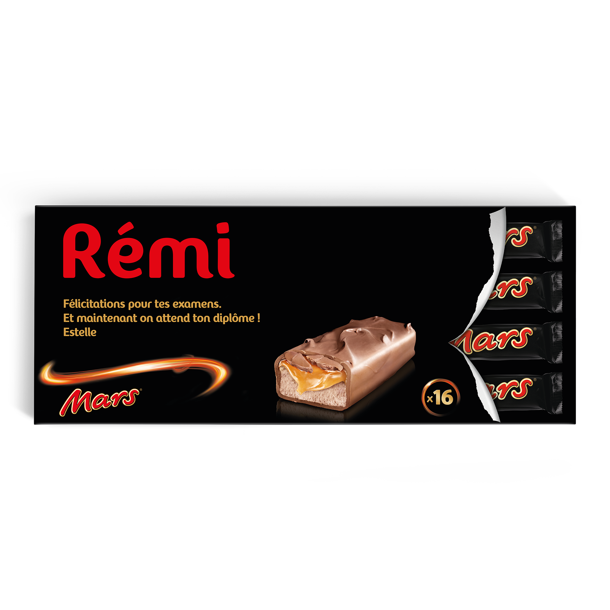 Grande barre de chocolat Mars XXL personnalisée imprimée avec le nom Rémi et un message de félicitations