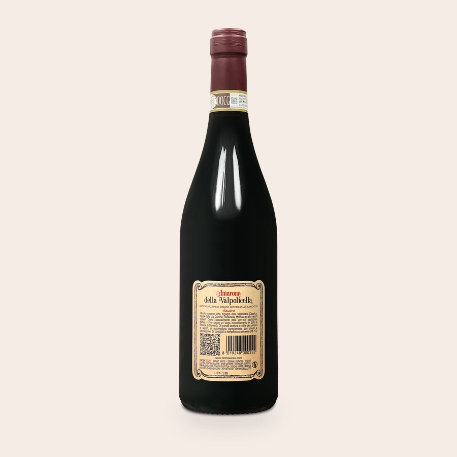 Rødvin med personlig etikette og trækasse - Farina Amarone Valpolicella Farina Amarone flaske med rød kapsel, klar til personlig etiket, overrask med en flaske Farina Amarone med personlig etiket.