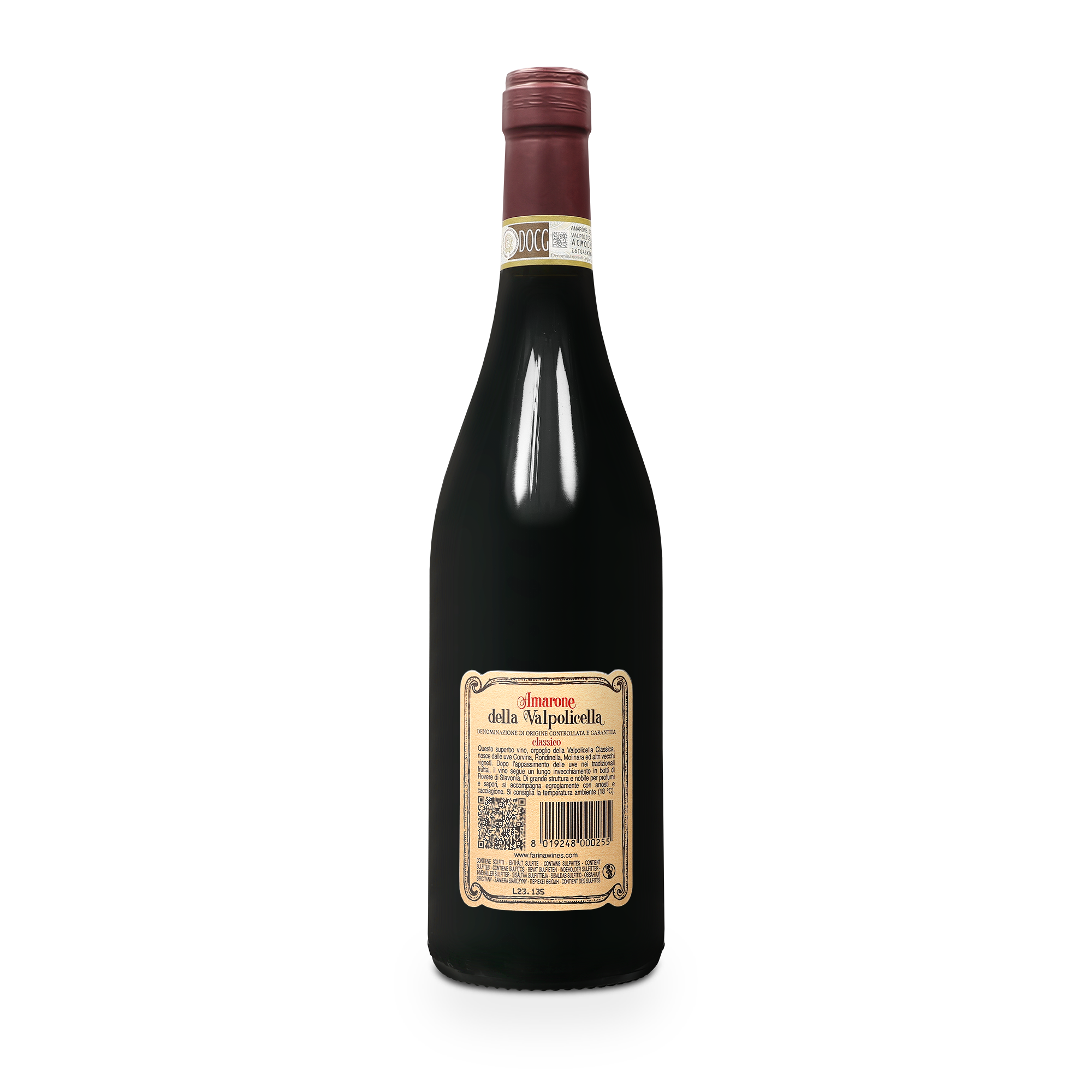 Fles Farina Amarone della Valpolicella wijn met rood etiket bedrukt met productinformatie.