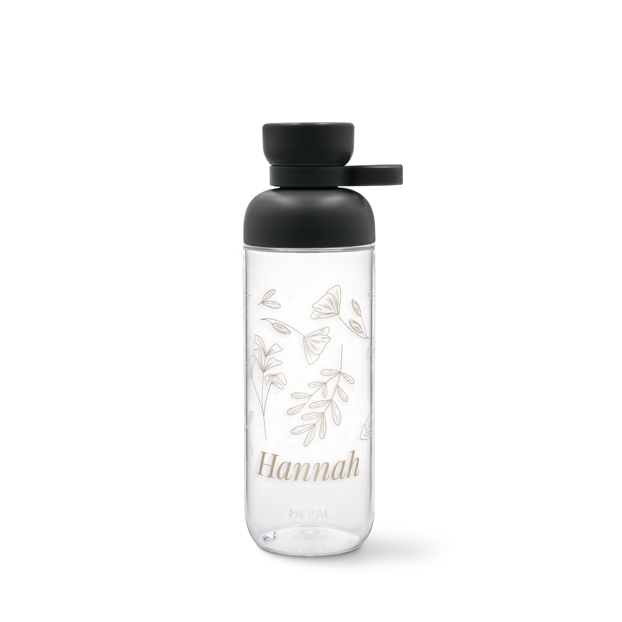 Mepal vannflaske i klart glass, trykt med navnet Hannah og botaniske illustrasjoner, med svart kork.