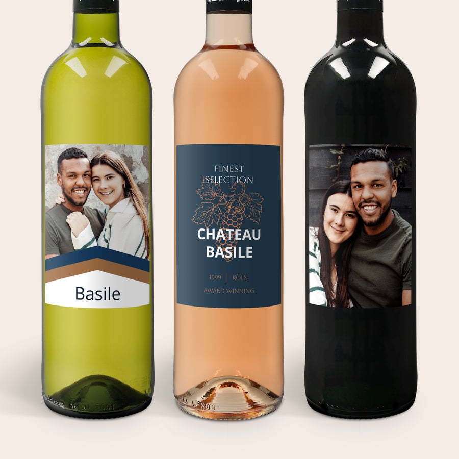 Wein Maison de la Surprise Geschenkset Weinpaket Maison de la Surprise Sauvignon Blanc, Syrah & Merlot mit personalisierten Etiketten mit Foto und Namen