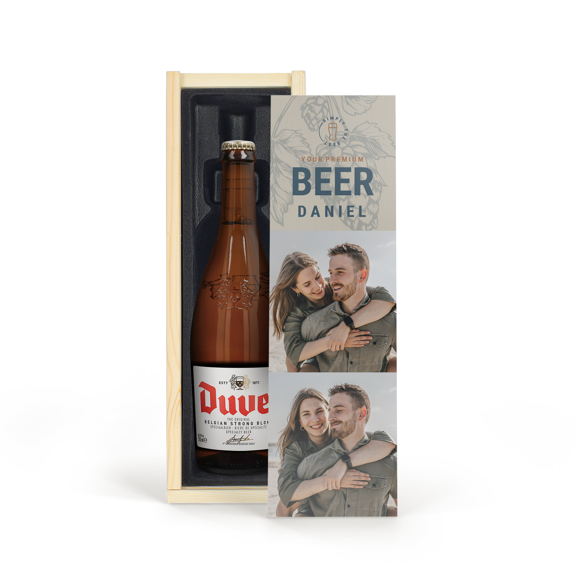 Garrafa de cerveja Duvel em caixa de madeira personalizada com foto e nome Daniel. Surpreenda com um presente especial.