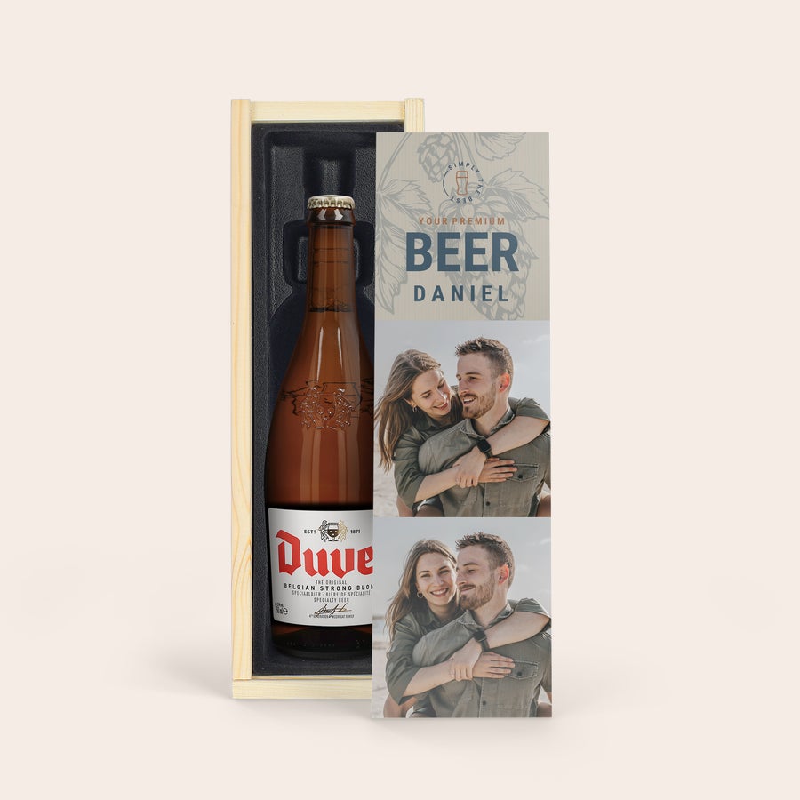 Sticlă de bere - Duvel Moortgat Sticlă de bere Duvel într-o cutie personalizată din lemn, imprimată color cu fotografii și numele Daniel.