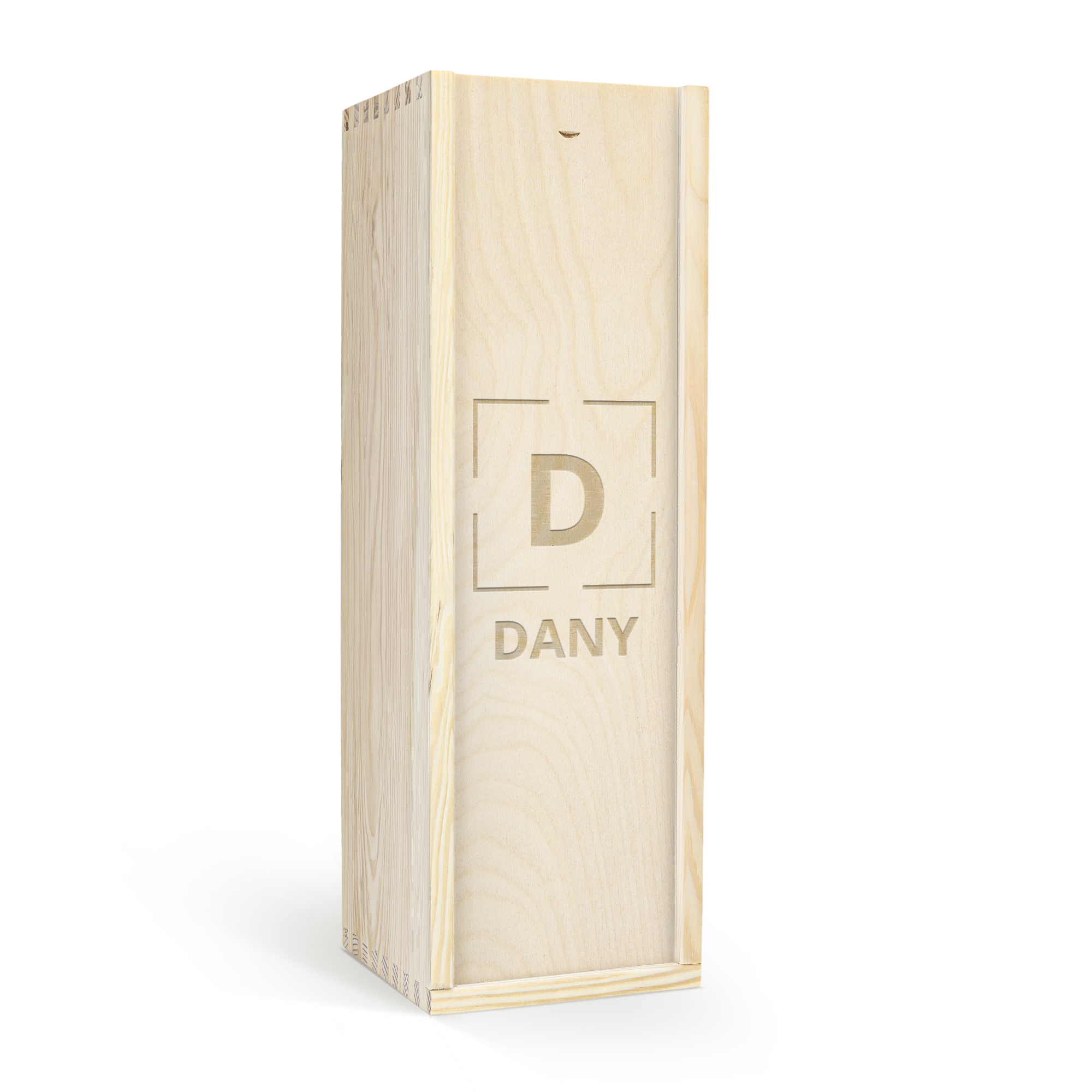 Caisse en bois gravée personnalisée pour porto avec l'initiale D et le nom DANY.