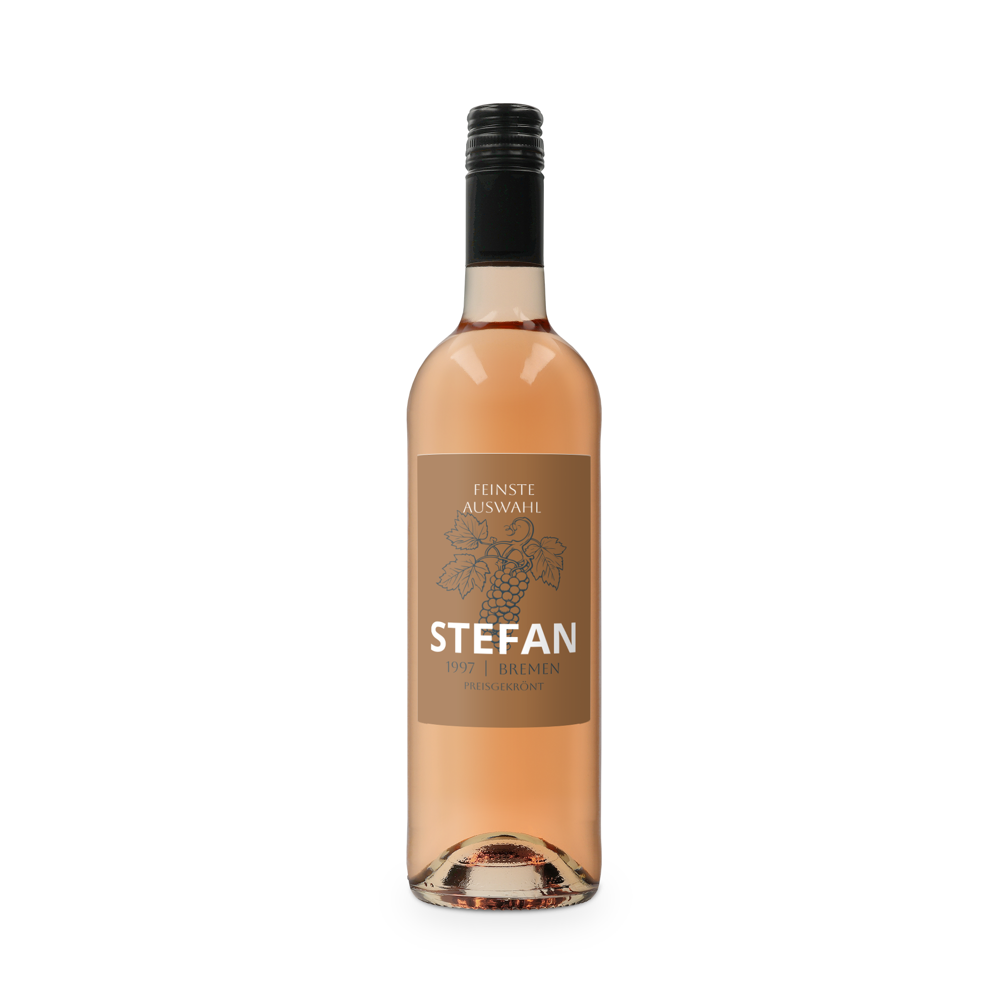 Flasche Belvy Roséwein mit personalisiertem Etikett bedruckt mit Weinrebe, Name Stefan und Text 1997 Bremen